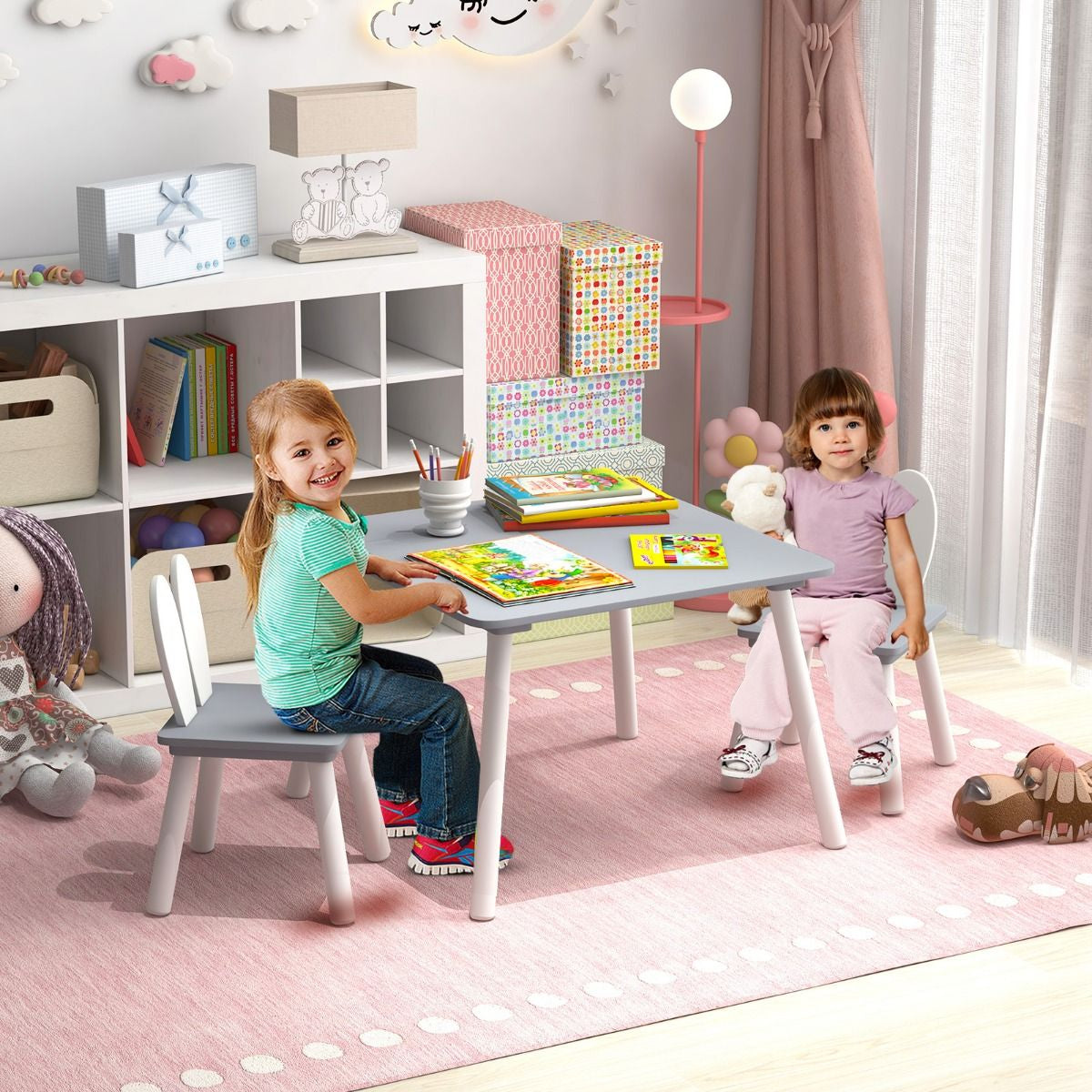 Kindertisch Mit 2 Stühlen 3 TLG. Kindersitzgruppe Mit Massivholzbeine Weiß/Rosa/Grau