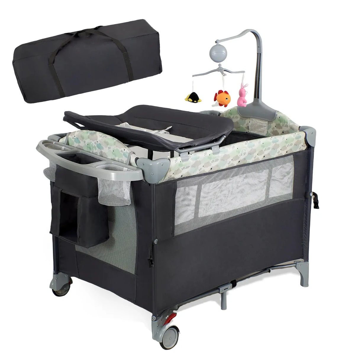 Aobtkel Rectangular Steel Frame Metal Pack and Play Playard - Nursery Furniture for Newborn & Infant (0-2 Years, under 35In Tall, 39.4"X27.6"X30.3") with Bassinet, Changing Table, Lockable Wheels, Portable Music Box, Foldable