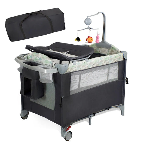 Aobtkel Rectangular Steel Frame Metal Pack and Play Playard - Nursery Furniture for Newborn & Infant (0-2 Years, under 35In Tall, 39.4"X27.6"X30.3") with Bassinet, Changing Table, Lockable Wheels, Portable Music Box, Foldable