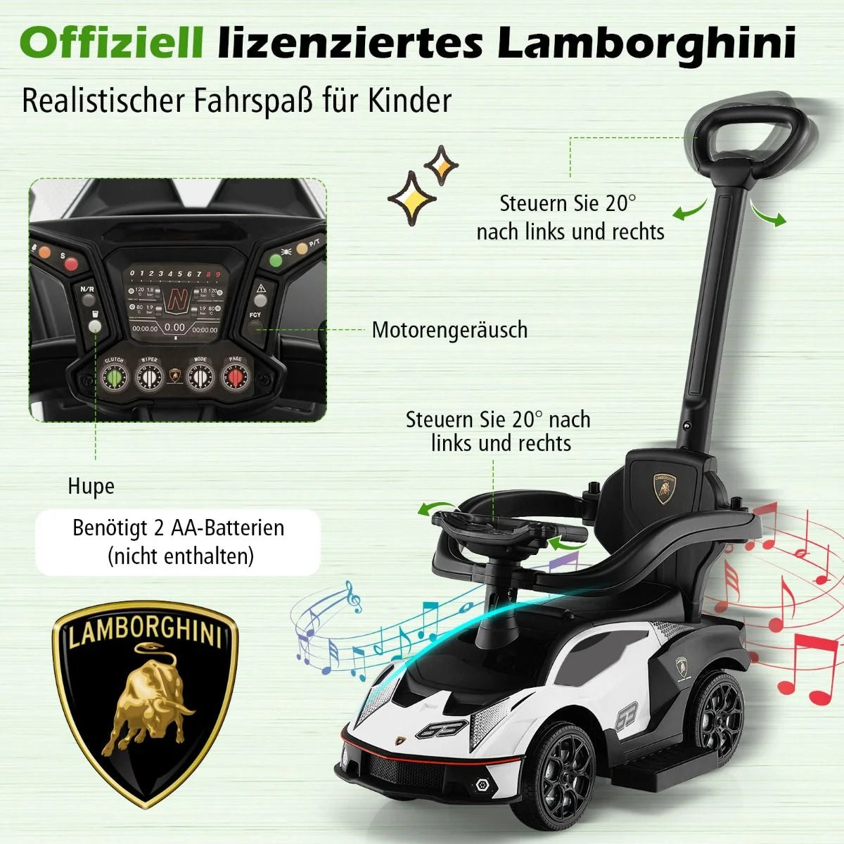 Lamborghini Rutschauto Rutschfahrzeug Mit Schiebstange & Stauraum Schiebeauto Mit Lenkrad Weiß