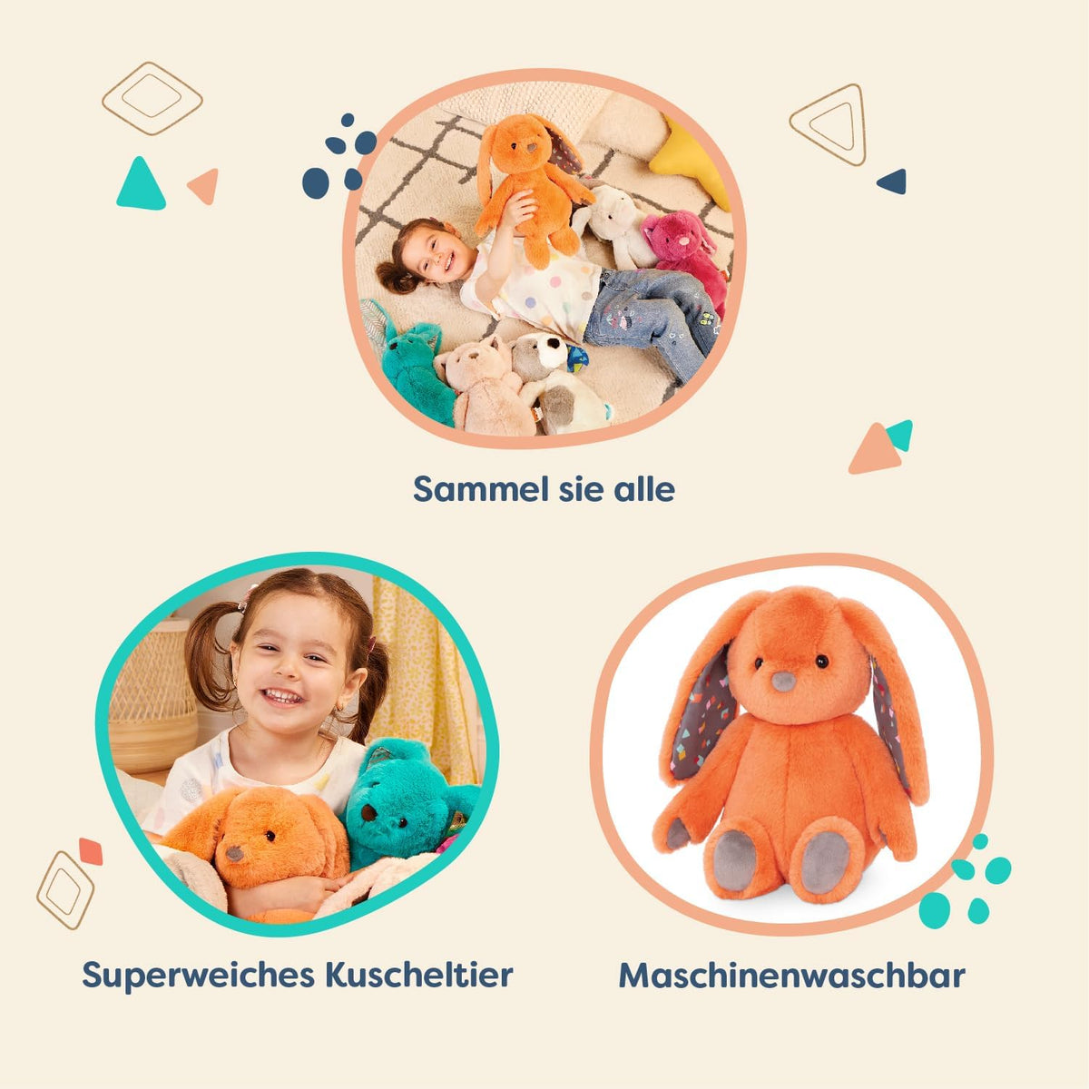 B. Toys Happyhues Coral Cutie, Plüschhase, Waschmaschinenfest | Orangener Plüschhase Mit Gemusterten Schlappohren Und Hellgrauen Pfoten, 30 Cm Groß, Weich Und Pflegeleicht, 0+ Monate