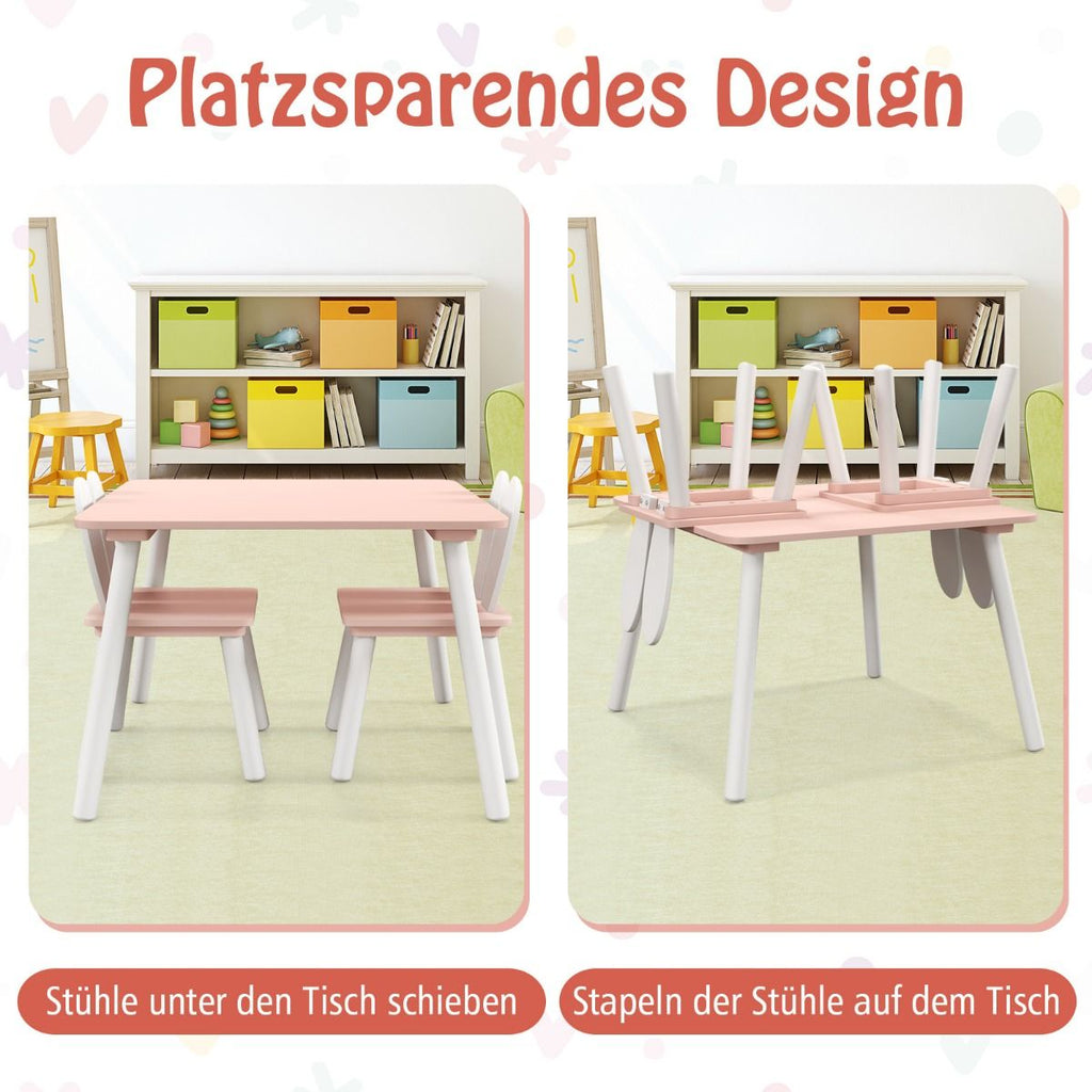 Kindertisch Mit 2 Stühlen 3 TLG. Kindersitzgruppe Mit Massivholzbeine Weiß/Rosa/Grau