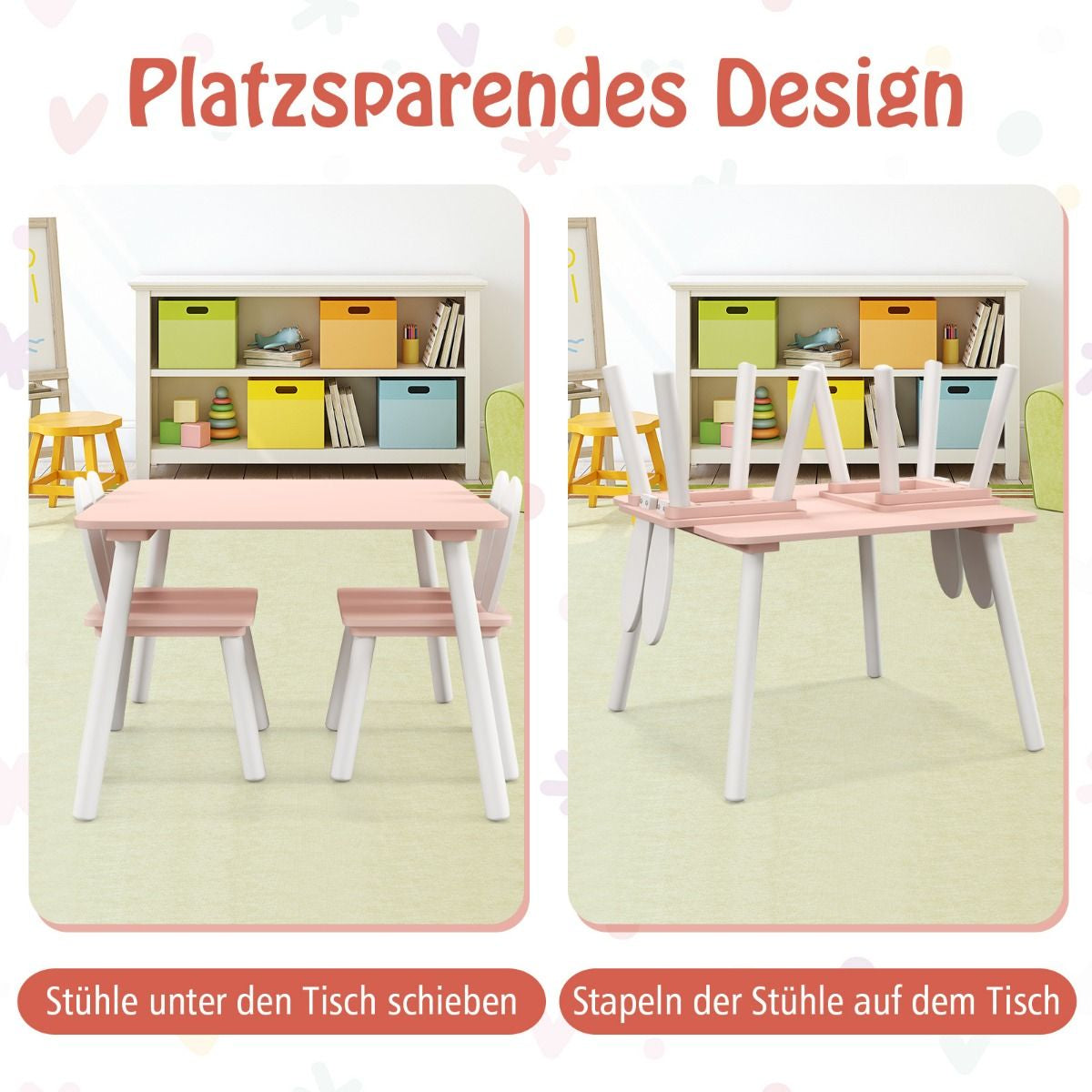 Kindertisch Mit 2 Stühlen 3 TLG. Kindersitzgruppe Mit Massivholzbeine Weiß/Rosa/Grau
