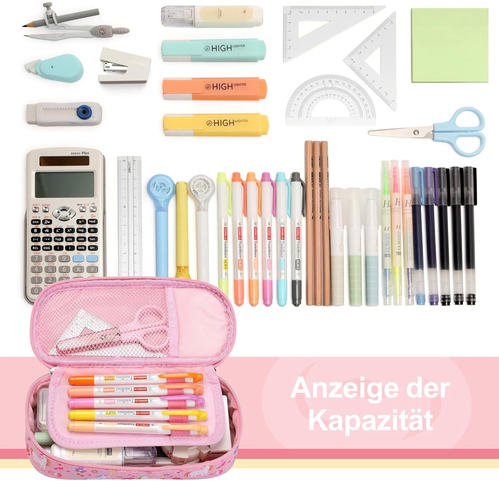 Federmäppchen Mädchen - Große Kinder Federtasche Für Kita & Schule | Robust, Wasserabweisend, Mäppchen Mäppchen Mit 2 Fächern, Netztasche & Stifthalter Für Schnelle Ordnung, Glitzer Rosa Einhorn