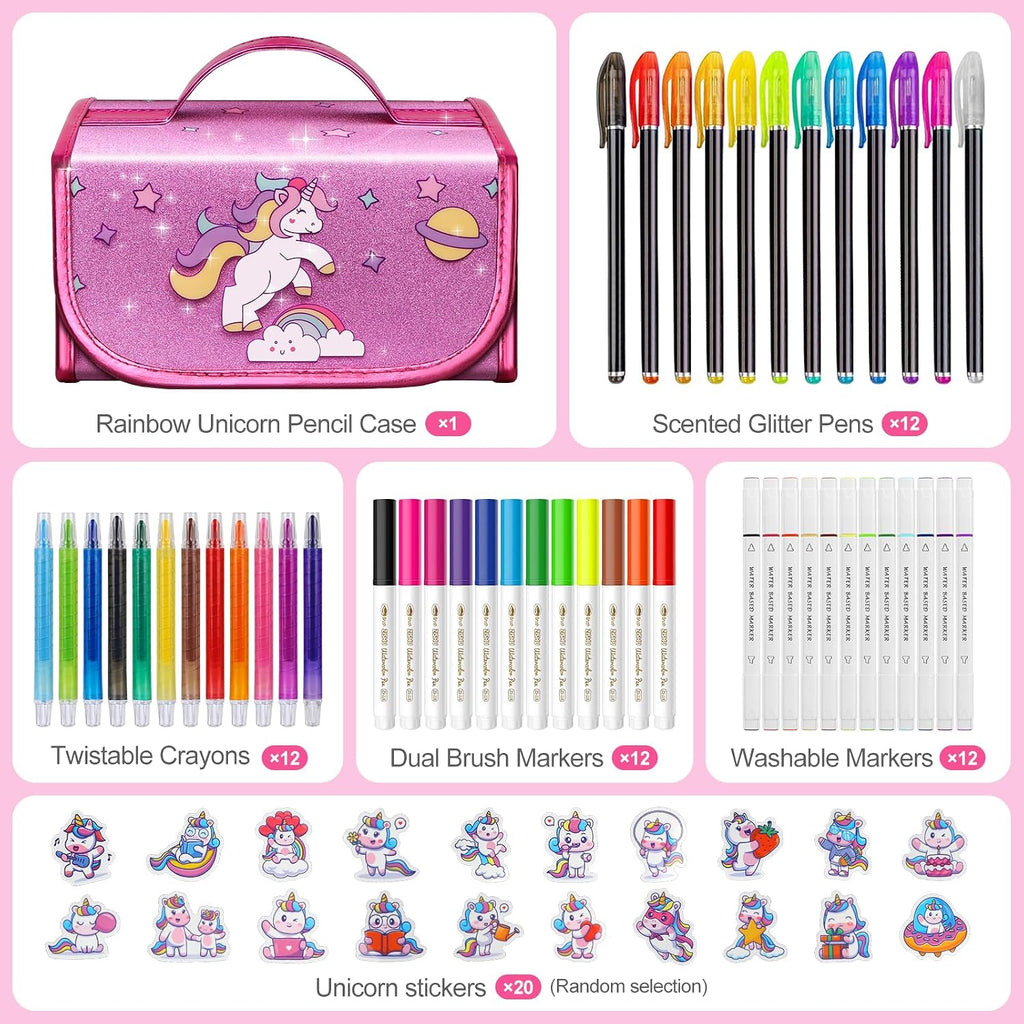 Hot Bee Einhorn Federmäppchen, Einhorn Geschenke Für Mädchen 3-7 Jahre, Filzstifte Glitzerstifte, Bastelset Kinder 3-6 Jahre, Pferde Mädchen Geschenk