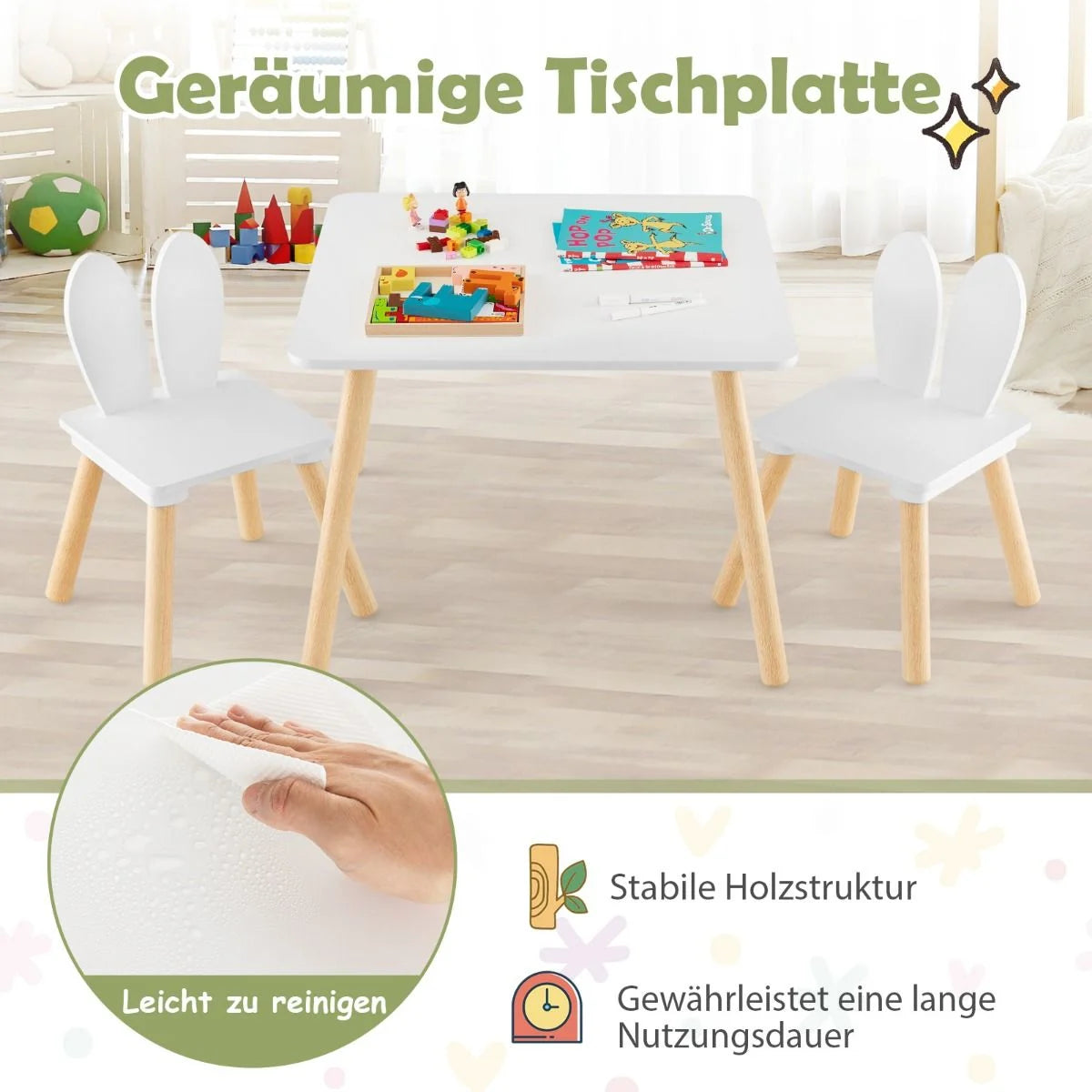 Kindertisch Mit 2 Stühlen 3 TLG. Kindersitzgruppe Mit Massivholzbeine Weiß/Rosa/Grau
