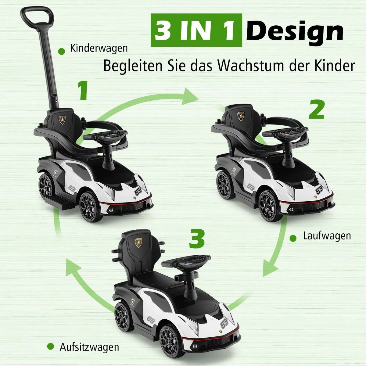 Lamborghini Rutschauto Rutschfahrzeug Mit Schiebstange & Stauraum Schiebeauto Mit Lenkrad Weiß