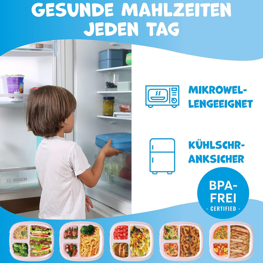 Umami Bento Box Kinder, 3 Fächern, Besteck, Auslaufsicher, 3 Bis 9 Jahre | 800Ml, Bpa-Frei, Spülmaschinenfest, Leicht Zu Öffnen Für Kleine Hände, Für Schule, Kindergarten, Blau