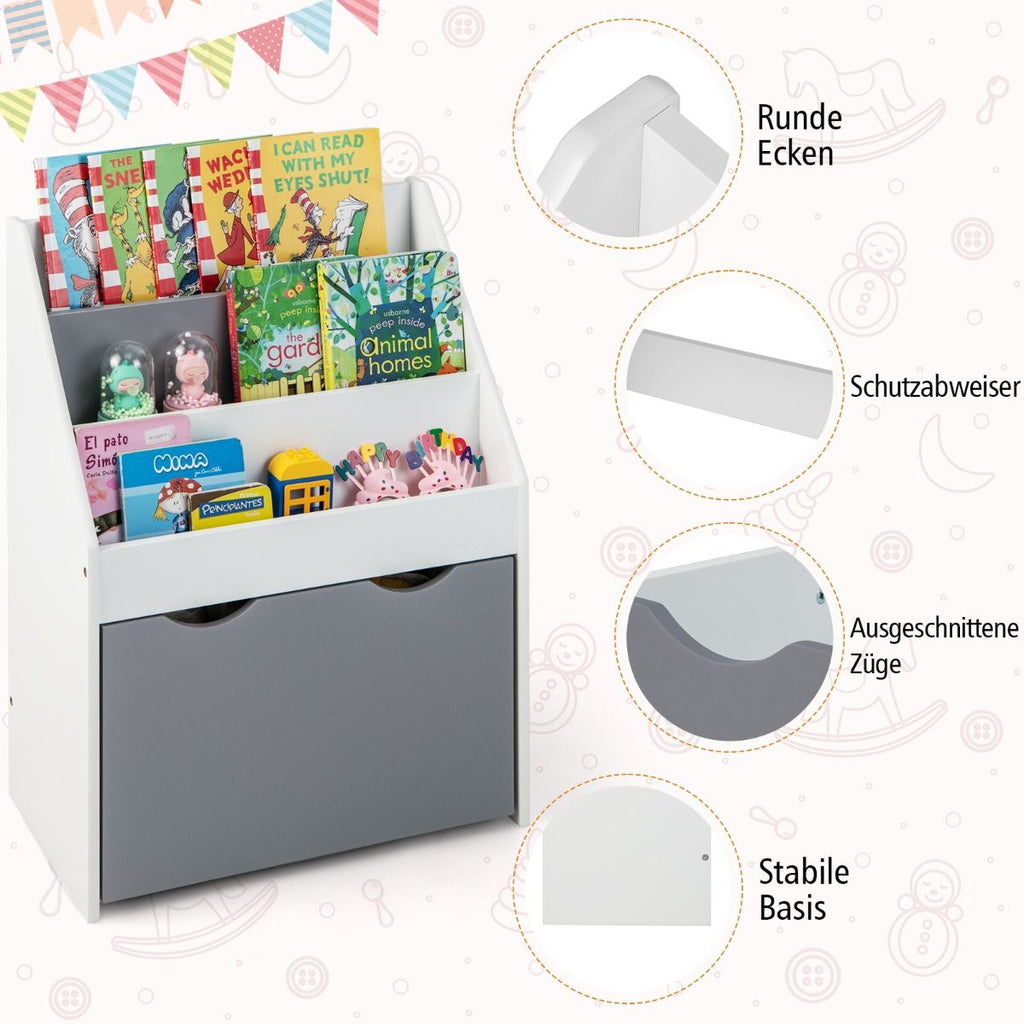 Kinderregal Mit 3 Ablagen & Rollender Spielzeugkiste Kinder Bücherregal Grau + Weiß