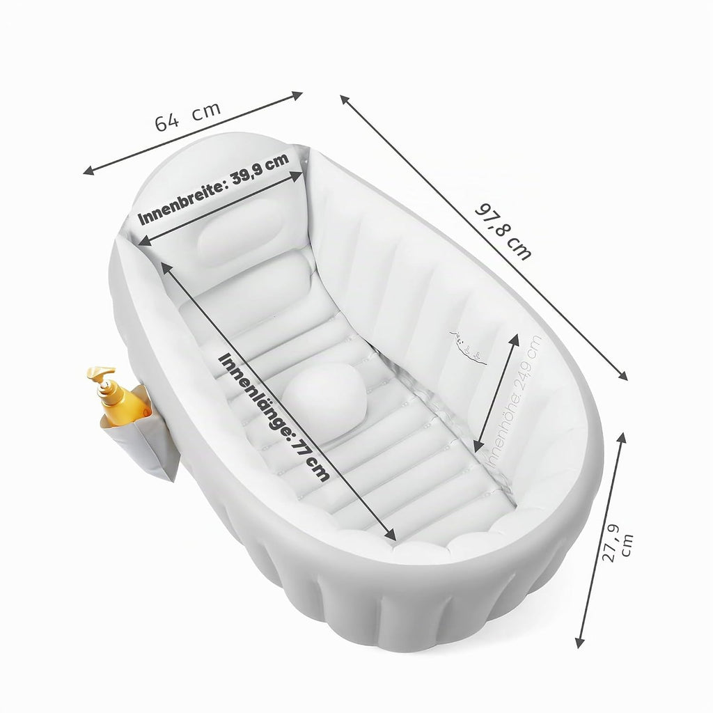 Pandaear Baby Badewanne Aufblasbar (98X64X28Cm) - Faltbare Reisebadewanne Für Babys 0-36 Monate, Rutschfest & Ergonomisch, Inkl. Fußpumpe & Seitentasche, Bpa-Frei, Modernes Grau