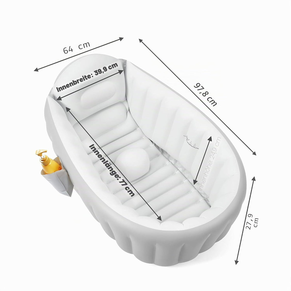 Pandaear Baby Badewanne Aufblasbar (98X64X28Cm) - Faltbare Reisebadewanne Für Babys 0-36 Monate, Rutschfest & Ergonomisch, Inkl. Fußpumpe & Seitentasche, Bpa-Frei, Modernes Grau