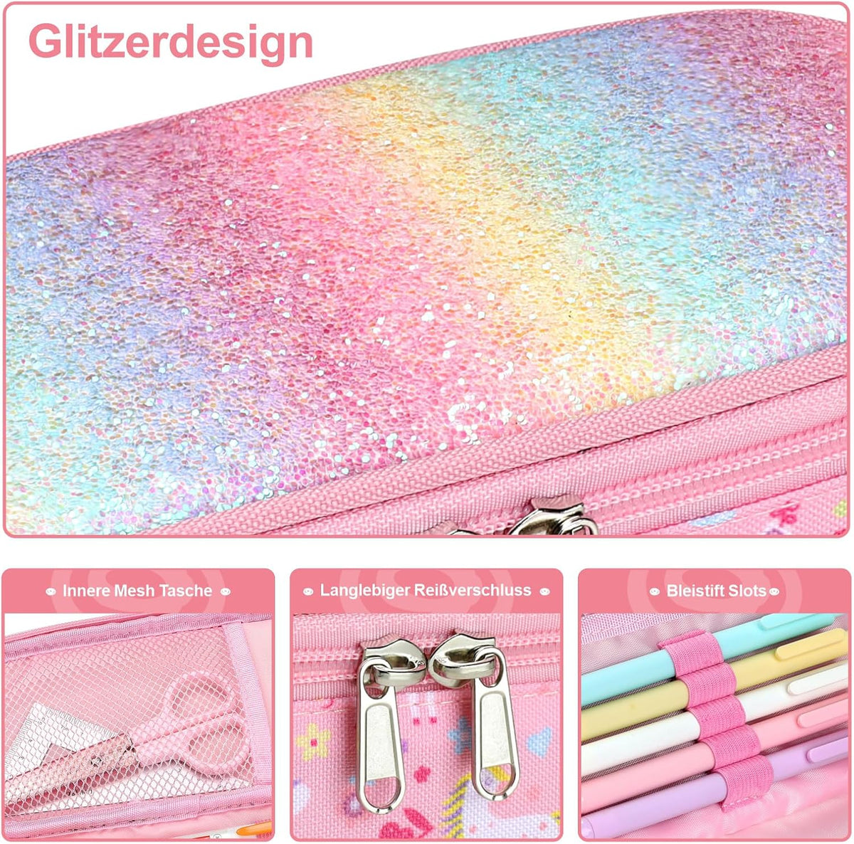 Federmäppchen Mädchen - Große Kinder Federtasche Für Kita & Schule | Robust, Wasserabweisend, Mäppchen Mäppchen Mit 2 Fächern, Netztasche & Stifthalter Für Schnelle Ordnung, Glitzer Rosa Einhorn