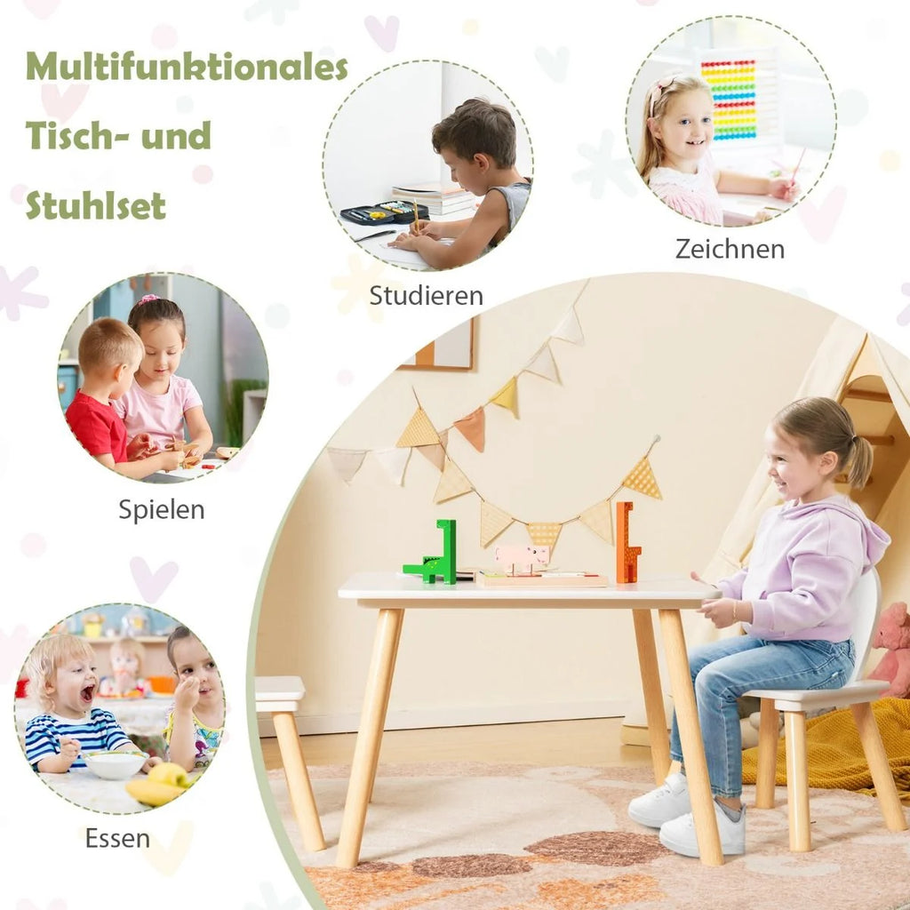 Kindertisch Mit 2 Stühlen 3 TLG. Kindersitzgruppe Mit Massivholzbeine Weiß/Rosa/Grau