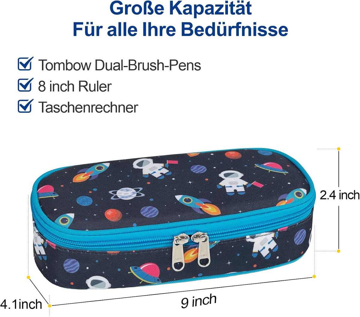 Federmäppchen Jungen - Große Kinder Federtasche Für Kita Und Schule | Robust, Wasserabweisend, Mäppchen Jungs Mit 2 Fächern, Netztasche & Stifthalter Für Schnelle Ordnung, Blau Weltraum