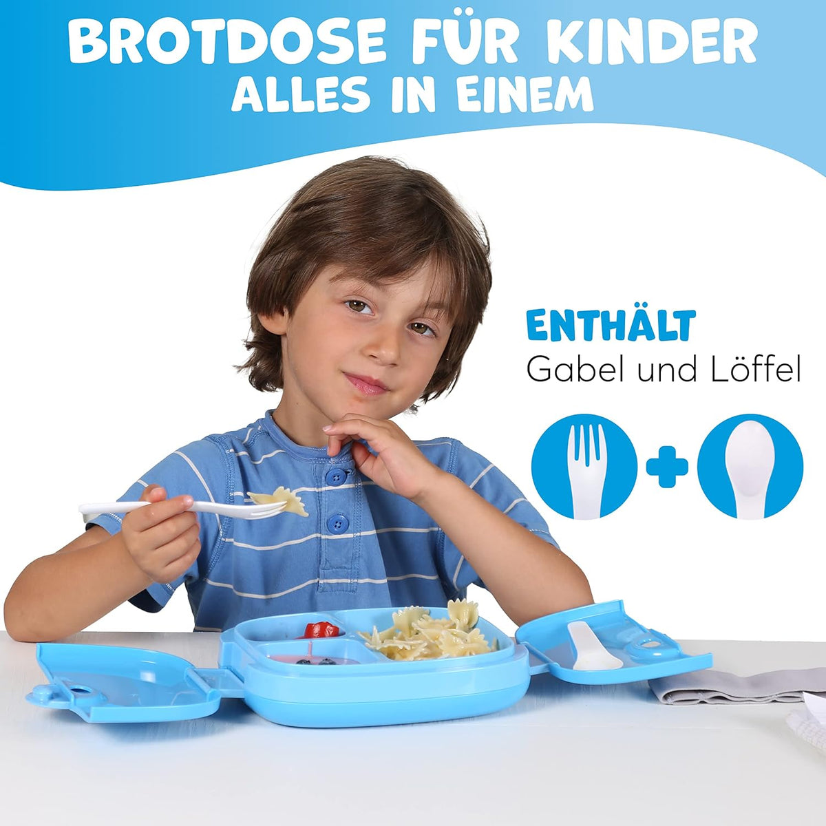 Umami Bento Box Kinder, 3 Fächern, Besteck, Auslaufsicher, 3 Bis 9 Jahre | 800Ml, Bpa-Frei, Spülmaschinenfest, Leicht Zu Öffnen Für Kleine Hände, Für Schule, Kindergarten, Blau