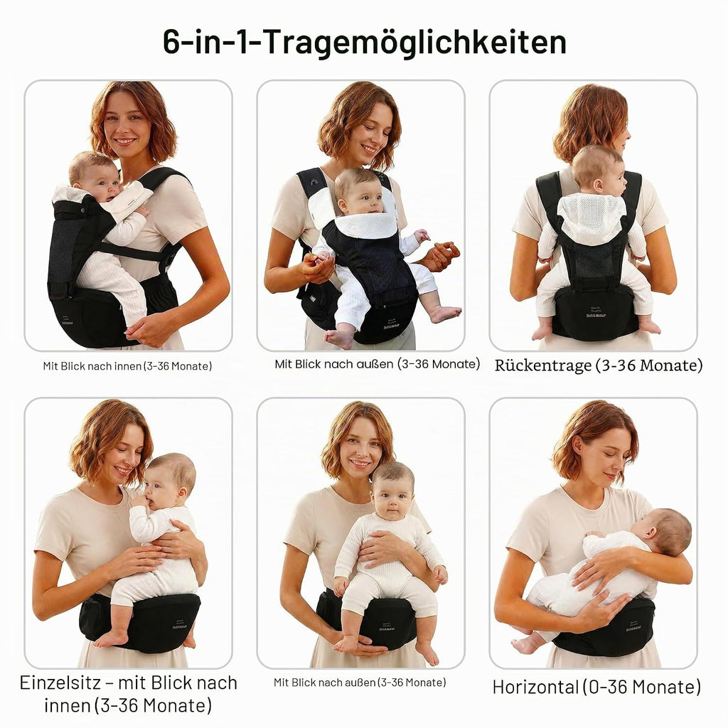 Bebamour Babytrage Für Neugeborene Bis Kleinkinder, Hüftsitz, 0-36 Monate, Kopfhaube, 3 Stück Zahnungspads, Taillenverlängerung, Schwarz