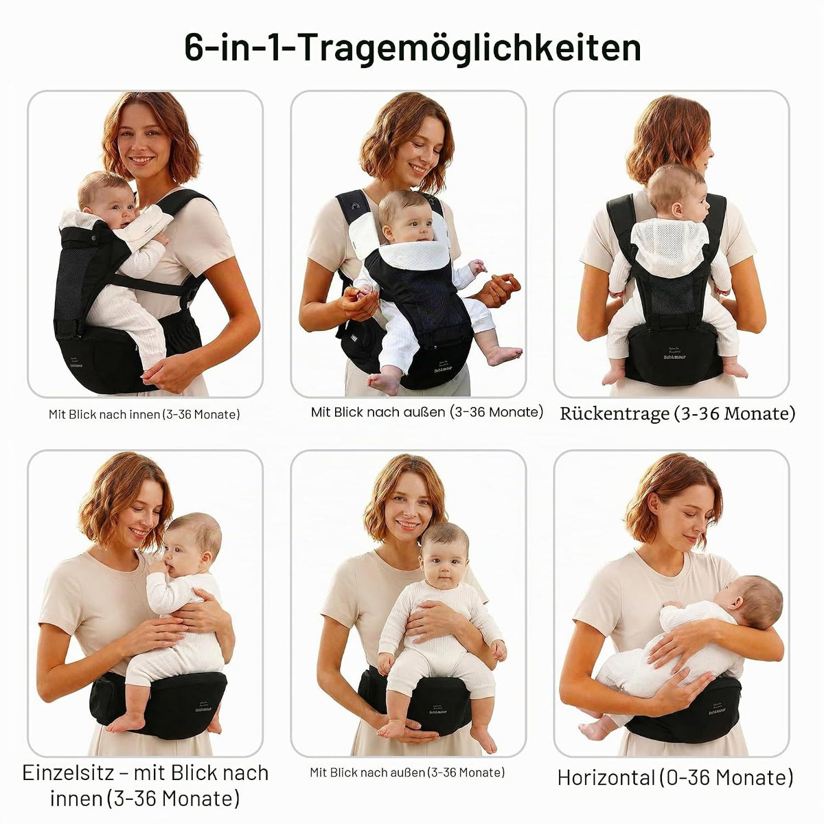 Bebamour Babytrage Für Neugeborene Bis Kleinkinder, Hüftsitz, 0-36 Monate, Kopfhaube, 3 Stück Zahnungspads, Taillenverlängerung, Schwarz