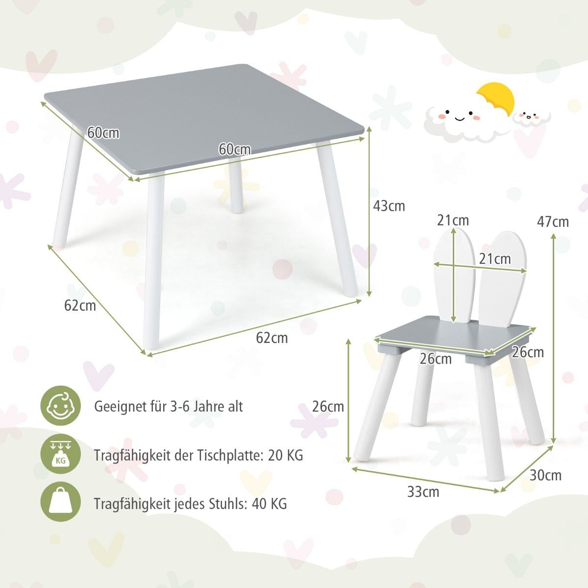 Kindertisch Mit 2 Stühlen 3 TLG. Kindersitzgruppe Mit Massivholzbeine Weiß/Rosa/Grau