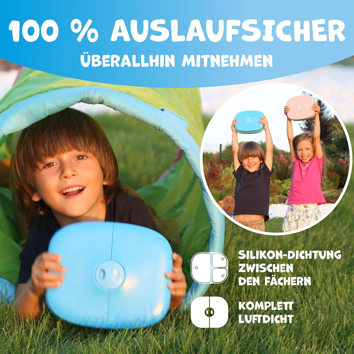 Umami Bento Box Kinder, 3 Fächern, Besteck, Auslaufsicher, 3 Bis 9 Jahre | 800Ml, Bpa-Frei, Spülmaschinenfest, Leicht Zu Öffnen Für Kleine Hände, Für Schule, Kindergarten, Blau