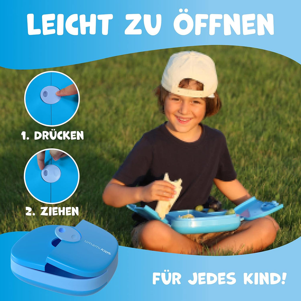 Umami Bento Box Kinder, 3 Fächern, Besteck, Auslaufsicher, 3 Bis 9 Jahre | 800Ml, Bpa-Frei, Spülmaschinenfest, Leicht Zu Öffnen Für Kleine Hände, Für Schule, Kindergarten, Blau