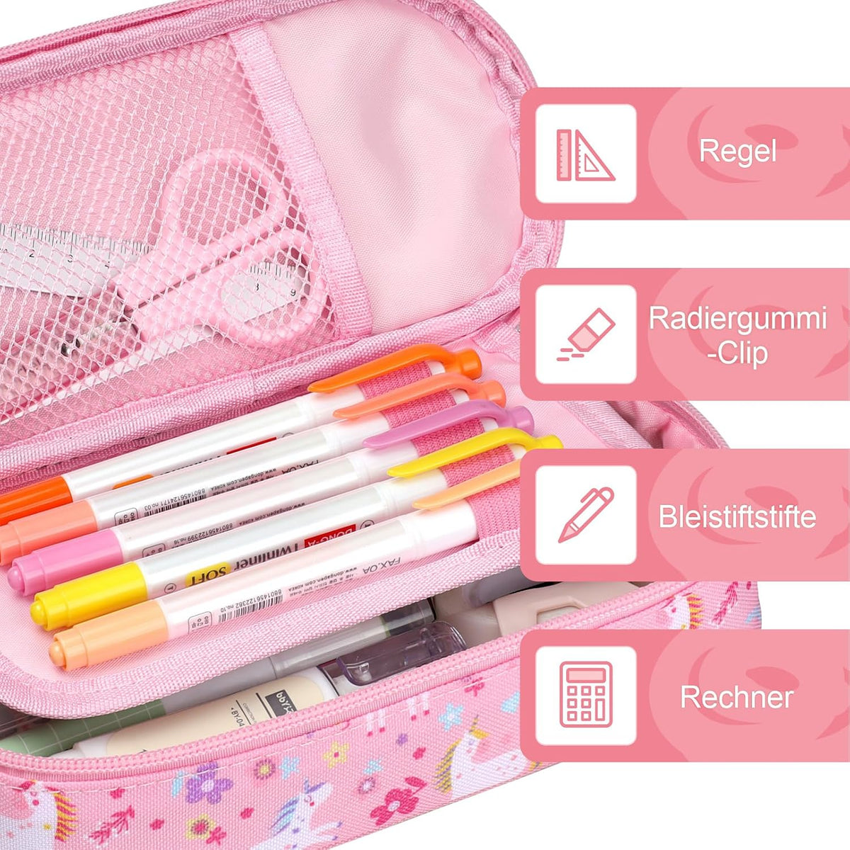 Federmäppchen Mädchen - Große Kinder Federtasche Für Kita & Schule | Robust, Wasserabweisend, Mäppchen Mäppchen Mit 2 Fächern, Netztasche & Stifthalter Für Schnelle Ordnung, Glitzer Rosa Einhorn