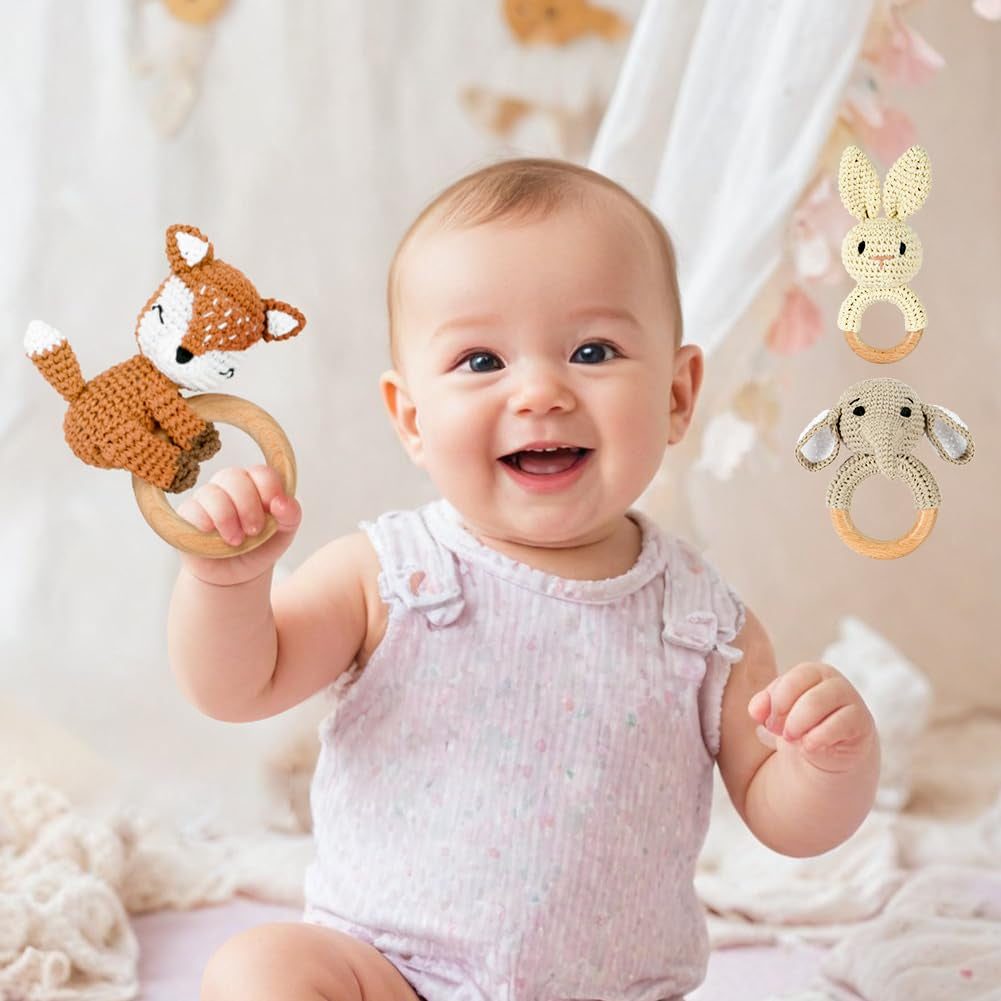 Babyrassel Gehäkelte Greifling, Beißring Baby, Niedlicher Greifling Für Baby, Zahnring Holz, Handmade Rassel Beißring Gehäkelte Tiere Spielzeug Für Babys & Kleinkinder Ab 0 Monate - Fuchs