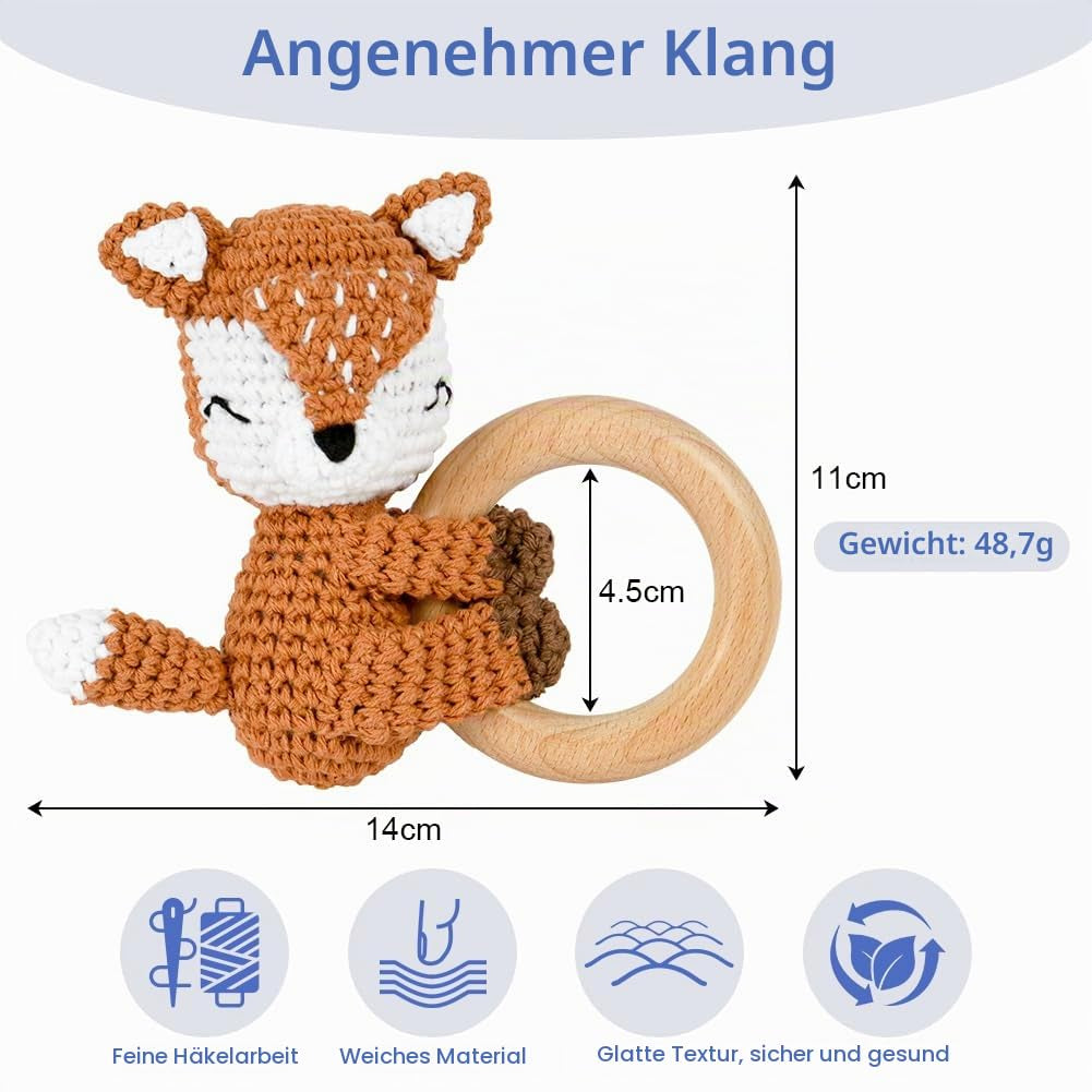 Babyrassel Gehäkelte Greifling, Beißring Baby, Niedlicher Greifling Für Baby, Zahnring Holz, Handmade Rassel Beißring Gehäkelte Tiere Spielzeug Für Babys & Kleinkinder Ab 0 Monate - Fuchs