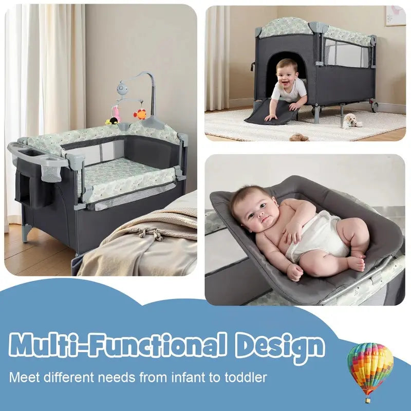 Aobtkel Rectangular Steel Frame Metal Pack and Play Playard - Nursery Furniture for Newborn & Infant (0-2 Years, under 35In Tall, 39.4"X27.6"X30.3") with Bassinet, Changing Table, Lockable Wheels, Portable Music Box, Foldable