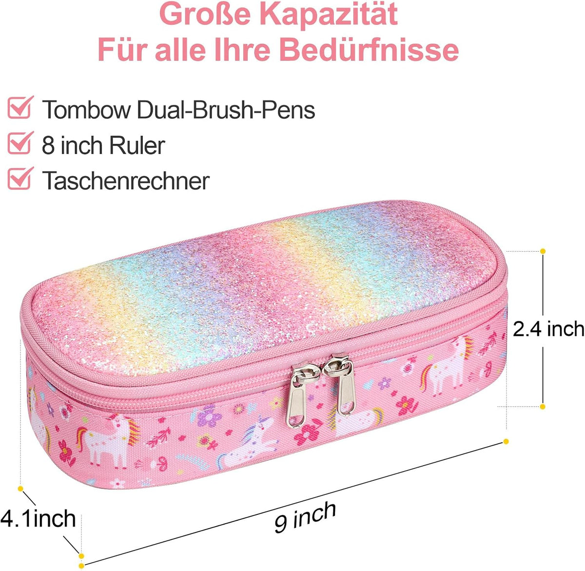 Federmäppchen Mädchen - Große Kinder Federtasche Für Kita & Schule | Robust, Wasserabweisend, Mäppchen Mäppchen Mit 2 Fächern, Netztasche & Stifthalter Für Schnelle Ordnung, Glitzer Rosa Einhorn