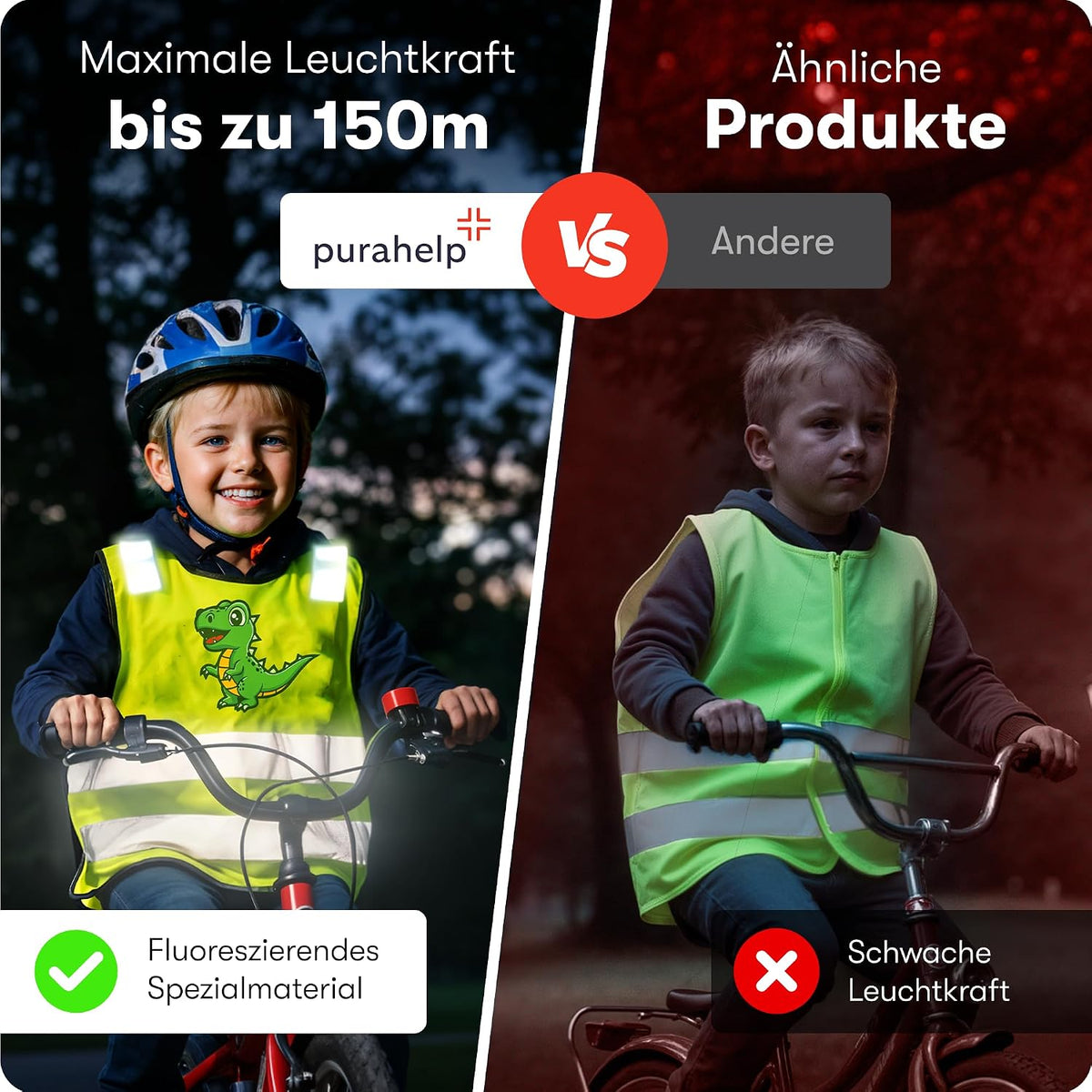 PURAHELP® Warnweste Kinder (3-12 Jahre) Sicherheitsweste [2 Stück] | [Dino & Einhorn] Für Den Schulweg, Fahrrad, Kindergarten - Reflektierende Warnweste Gelb