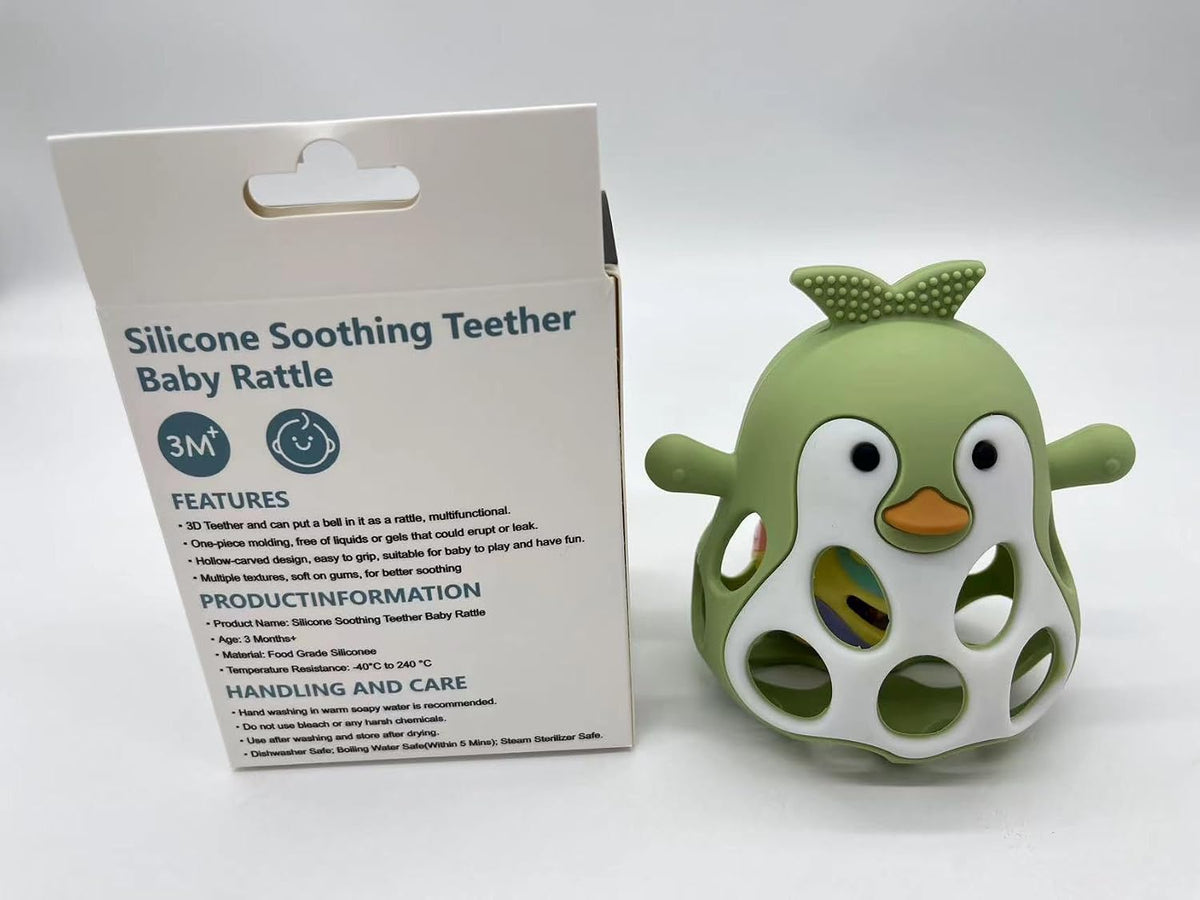 Farout Pinguin Rassel - Beißring Baby & Montessori Spielzeug - Motorikspielzeug Babyrassel Für 3 Monate - Babyspielzeug Ab 3 Monate, Geschenk Für Jungen & Mädchen. (Olive)