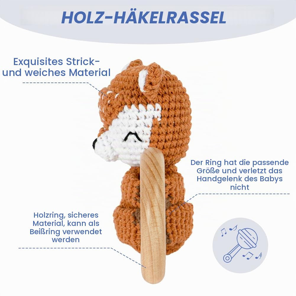 Babyrassel Gehäkelte Greifling, Beißring Baby, Niedlicher Greifling Für Baby, Zahnring Holz, Handmade Rassel Beißring Gehäkelte Tiere Spielzeug Für Babys & Kleinkinder Ab 0 Monate - Fuchs
