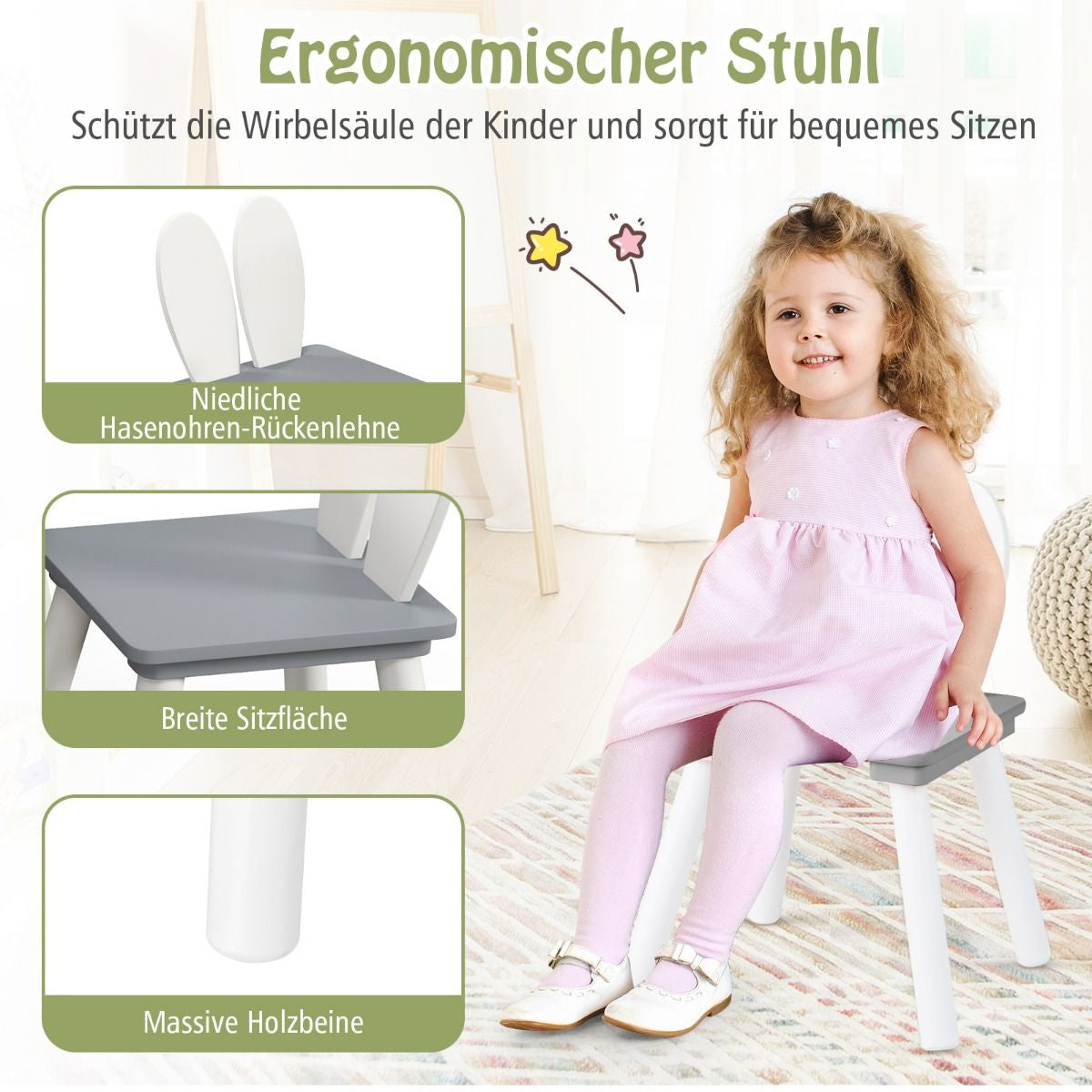 Kindertisch Mit 2 Stühlen 3 TLG. Kindersitzgruppe Mit Massivholzbeine Weiß/Rosa/Grau