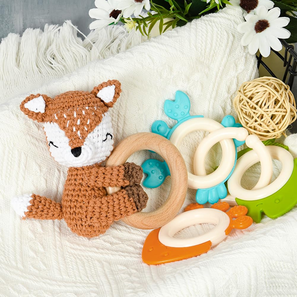 Babyrassel Gehäkelte Greifling, Beißring Baby, Niedlicher Greifling Für Baby, Zahnring Holz, Handmade Rassel Beißring Gehäkelte Tiere Spielzeug Für Babys & Kleinkinder Ab 0 Monate - Fuchs