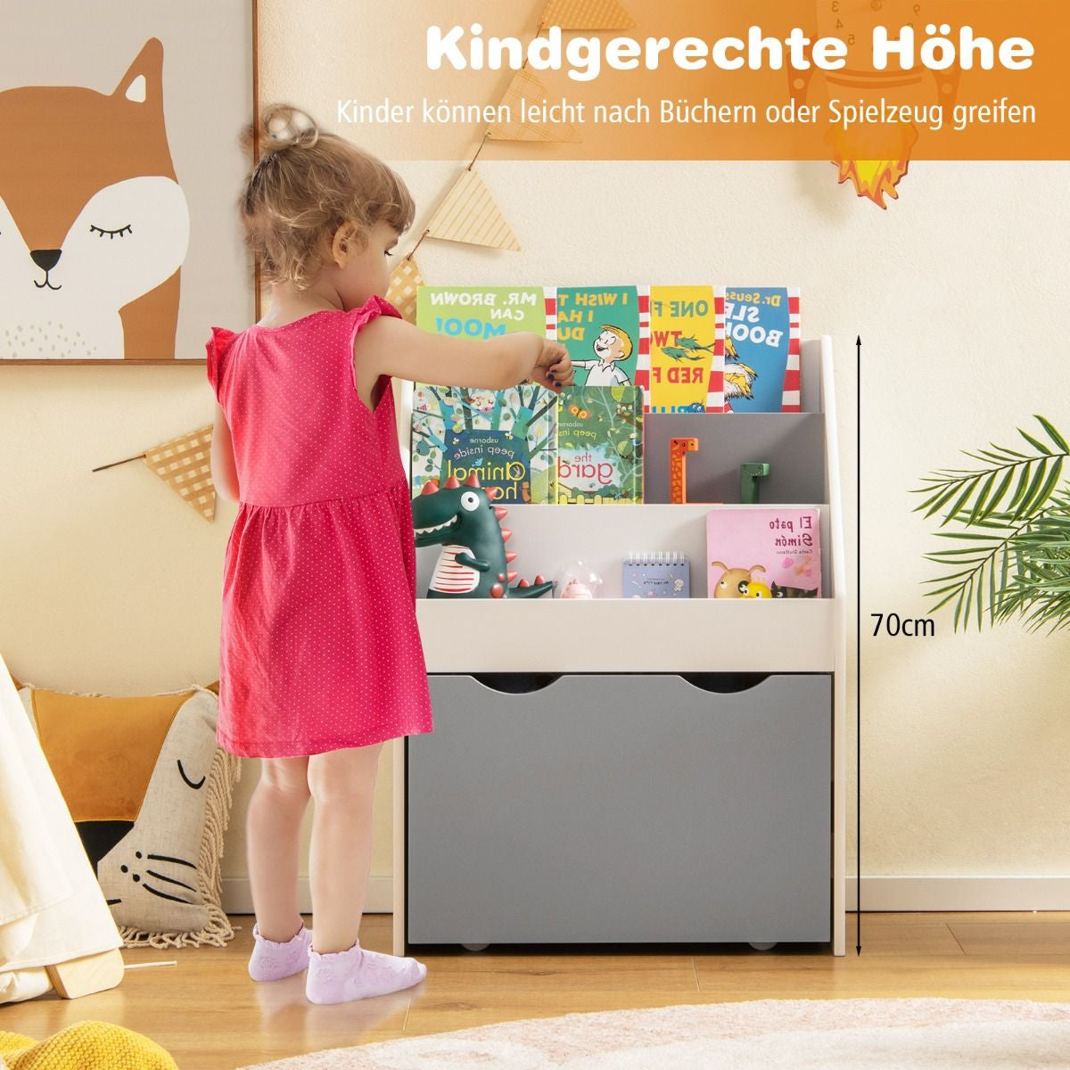 Kinderregal Mit 3 Ablagen & Rollender Spielzeugkiste Kinder Bücherregal Grau + Weiß