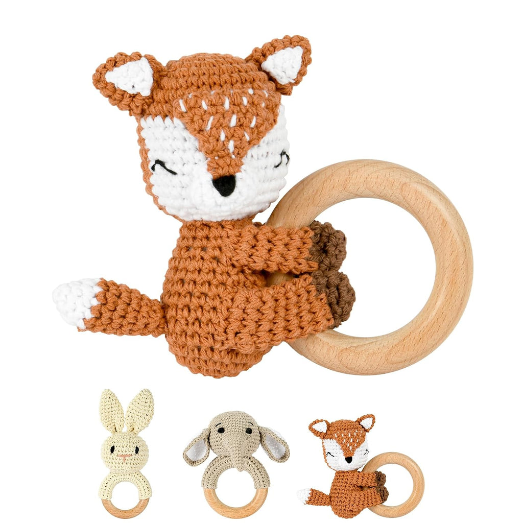 Babyrassel Gehäkelte Greifling, Beißring Baby, Niedlicher Greifling Für Baby, Zahnring Holz, Handmade Rassel Beißring Gehäkelte Tiere Spielzeug Für Babys & Kleinkinder Ab 0 Monate - Fuchs
