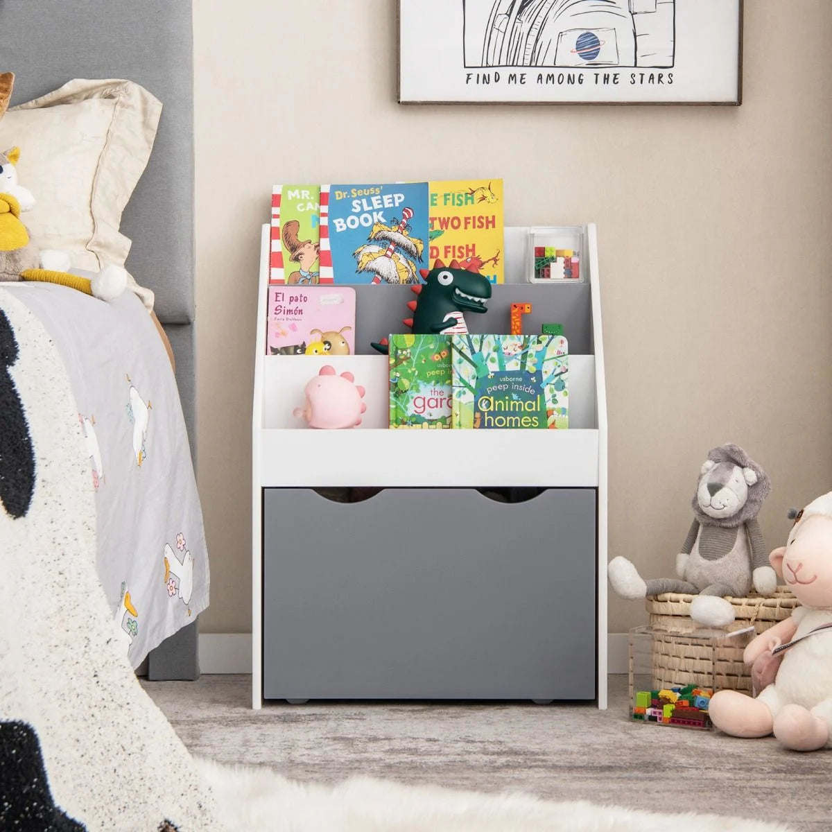 Kinderregal Mit 3 Ablagen & Rollender Spielzeugkiste Kinder Bücherregal Grau + Weiß