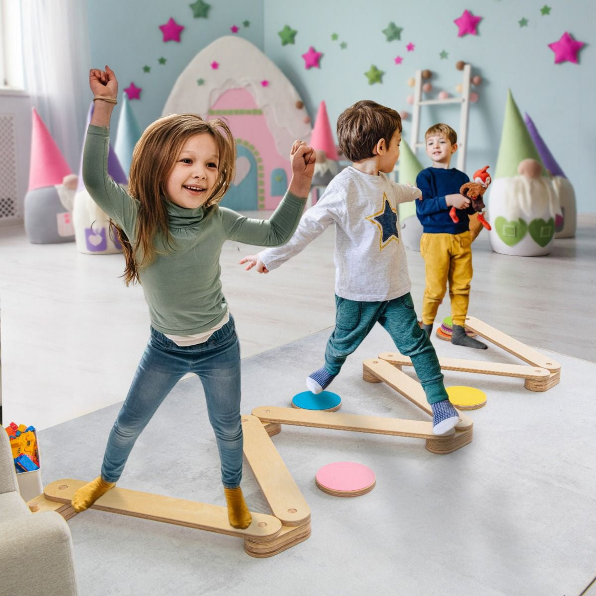 12 Tlg. Balancierbalken Mit 6 Balanciersteine Frei Kombinierbar Aus Holz Für Kinder