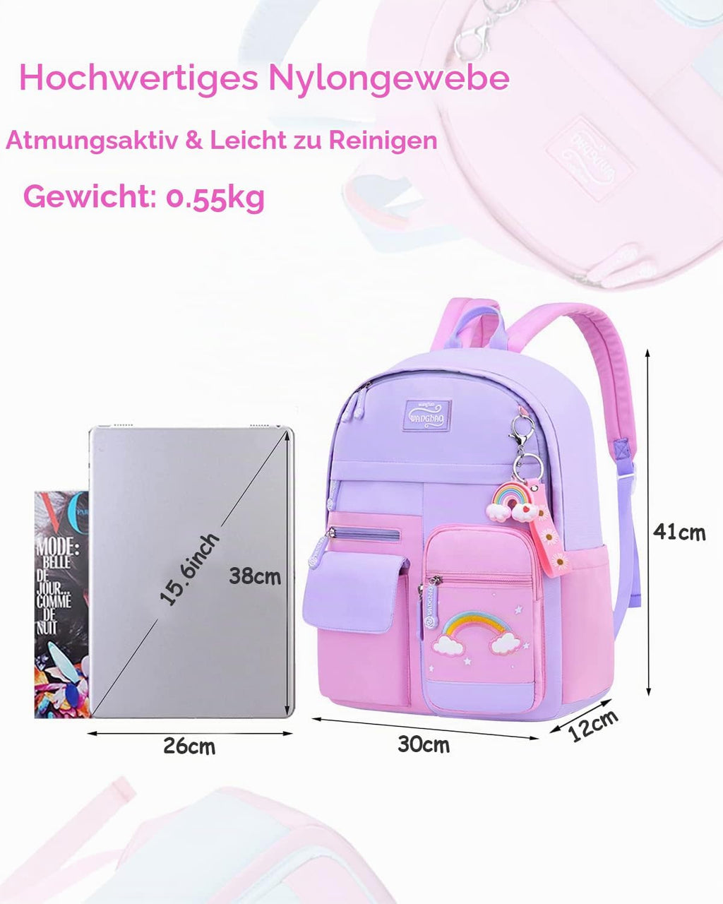 Amythe Kinderrucksack Mädchen,Rucksack Kindergarten,Schulranzen Mädchen 1-3. Klasse, Leichte Und Wasserdichte Nylon Schultasche Für Kinder, 30 X 12 X 41 Cm | Leichte Und Wasserdichte Nylon-Schultasche Für Kinder, Rucksack Für Den Kindergarten, 30 X 12 X 41 Cm