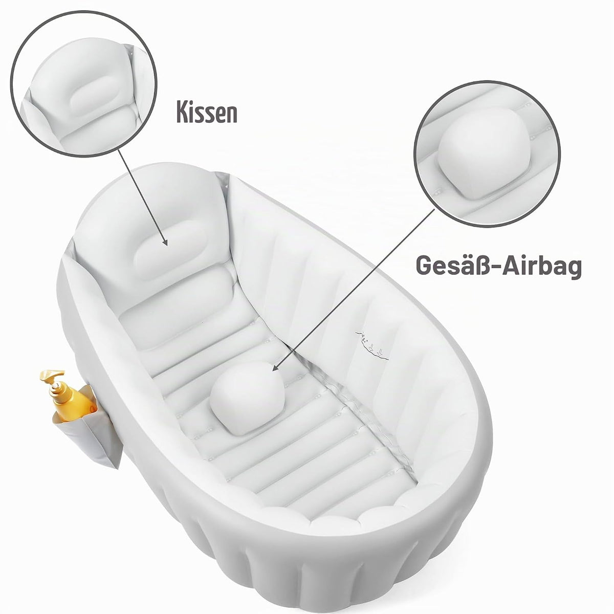Pandaear Baby Badewanne Aufblasbar (98X64X28Cm) - Faltbare Reisebadewanne Für Babys 0-36 Monate, Rutschfest & Ergonomisch, Inkl. Fußpumpe & Seitentasche, Bpa-Frei, Modernes Grau
