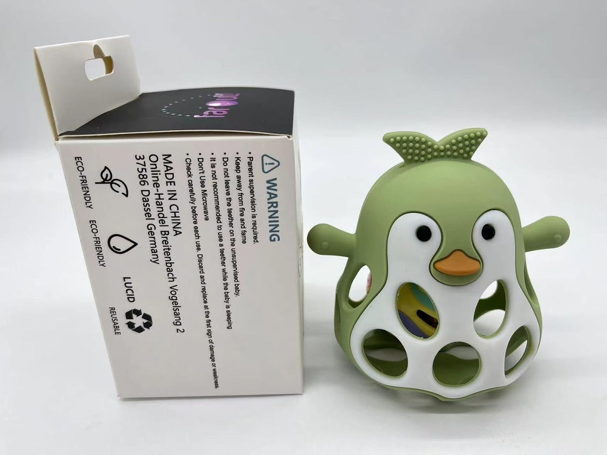 Farout Pinguin Rassel - Beißring Baby & Montessori Spielzeug - Motorikspielzeug Babyrassel Für 3 Monate - Babyspielzeug Ab 3 Monate, Geschenk Für Jungen & Mädchen. (Olive)