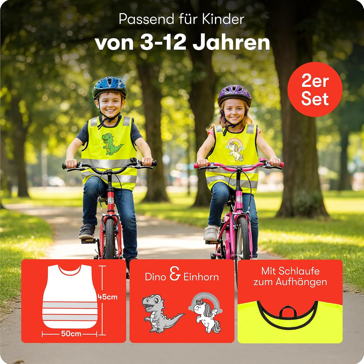 PURAHELP® Warnweste Kinder (3-12 Jahre) Sicherheitsweste [2 Stück] | [Dino & Einhorn] Für Den Schulweg, Fahrrad, Kindergarten - Reflektierende Warnweste Gelb