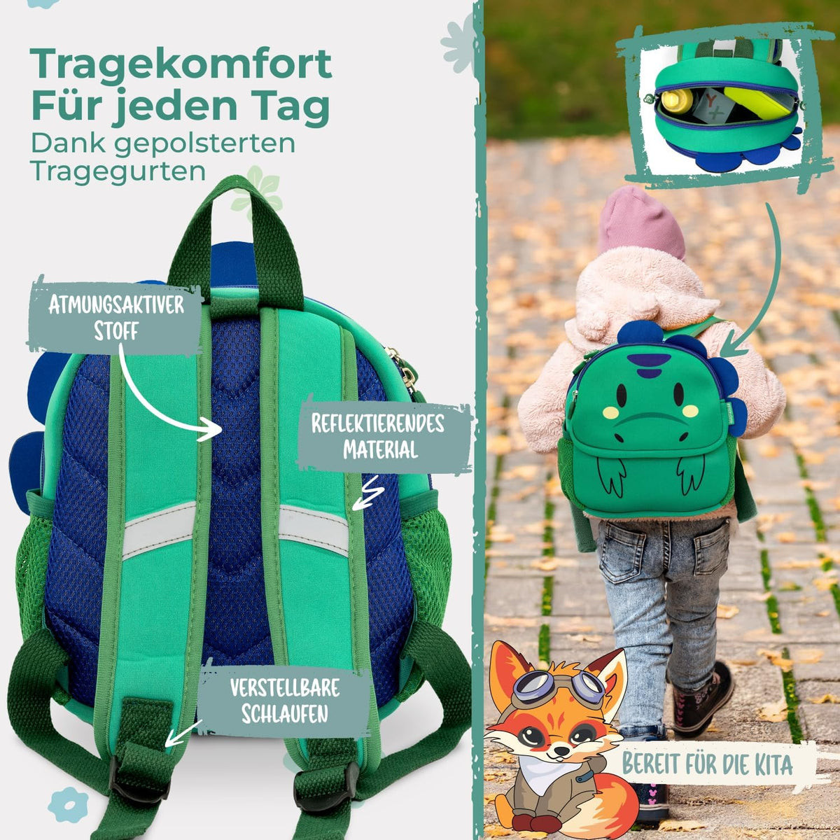 REISERACKER Kindergartenrucksack Ab 1 Jahr Mit Tiermotiv Für Kita – Grün | Wasserabweisend & Kratzfest Mit Reflektoren – Zwei Hauptfächer, Namensschild & Kinderfreundlicher Reißverschluss