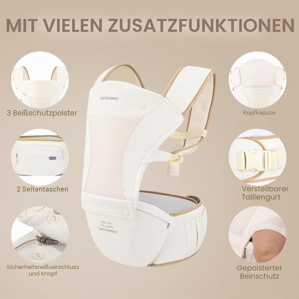 Bebamour Babytrage Für Neugeborene Bis Kleinkinder, Hüftsitz, 0-36 Monate, Kopfhaube, 3 Stück Zahnungspads, Taillenverlängerung, Schwarz