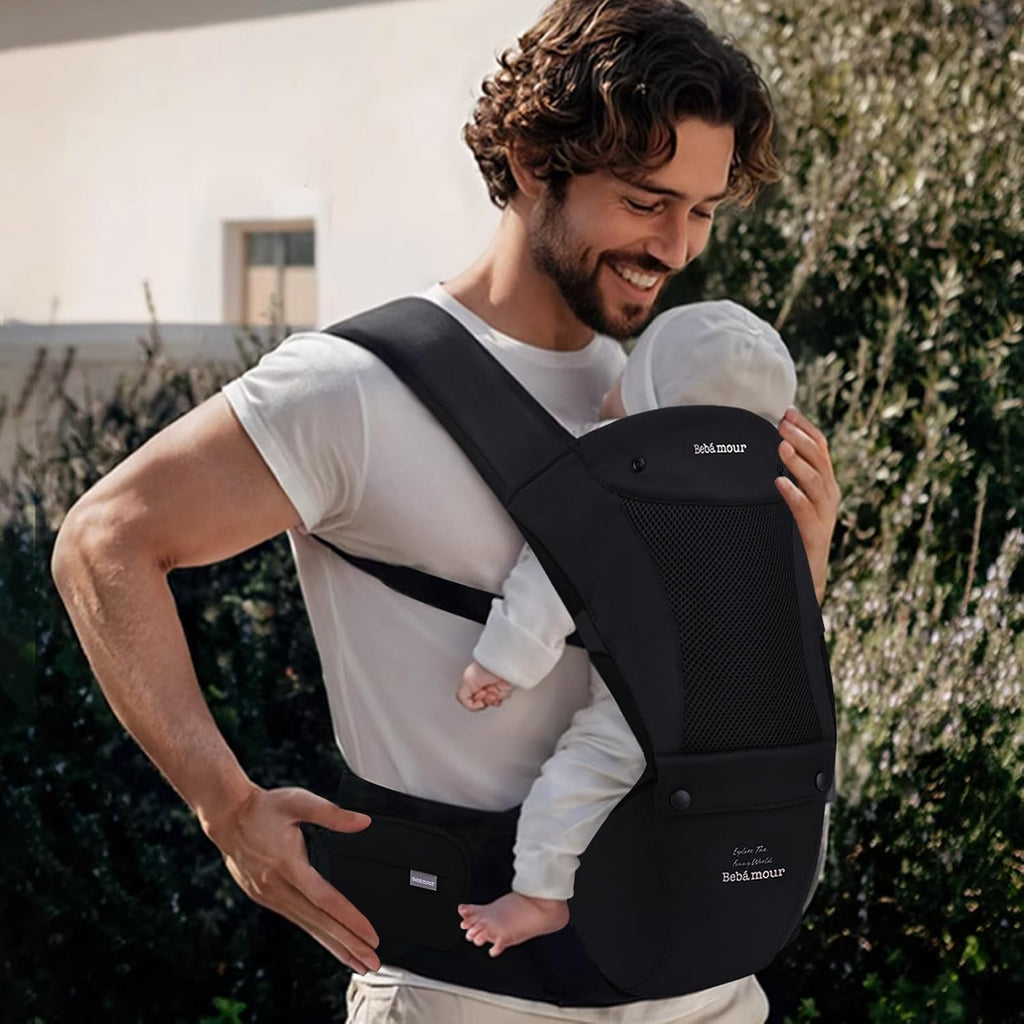 Bebamour Babytrage Für Neugeborene Bis Kleinkinder, Hüftsitz, 0-36 Monate, Kopfhaube, 3 Stück Zahnungspads, Taillenverlängerung, Schwarz