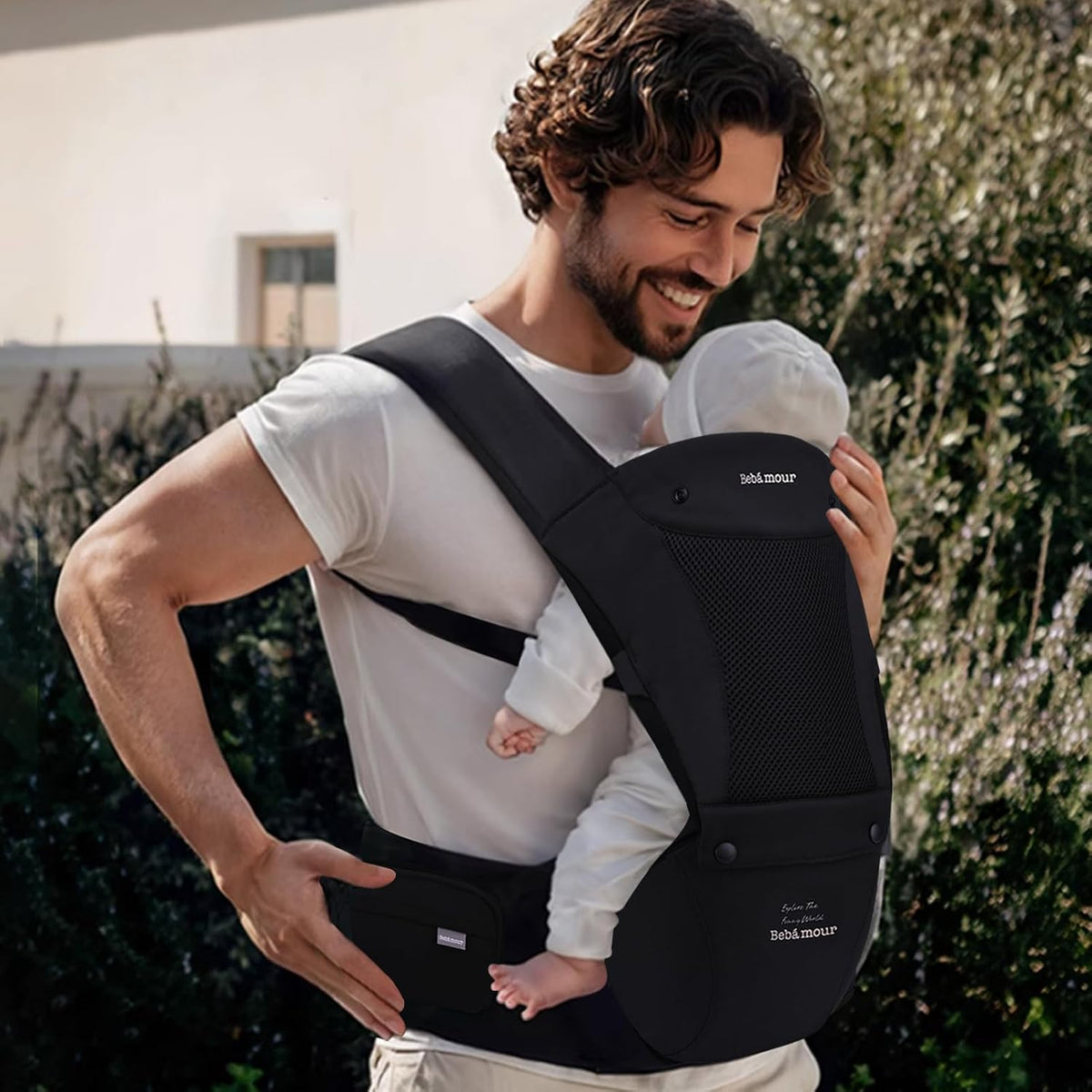 Bebamour Babytrage Für Neugeborene Bis Kleinkinder, Hüftsitz, 0-36 Monate, Kopfhaube, 3 Stück Zahnungspads, Taillenverlängerung, Schwarz