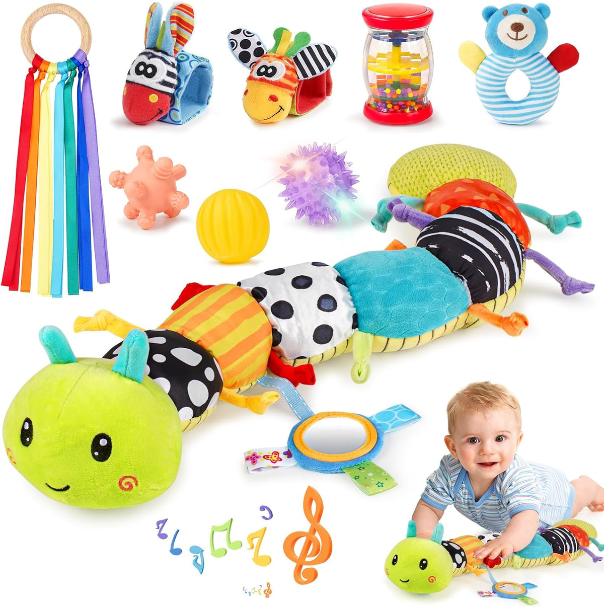 Joyreal Baby Spielzeug 0-6 Monate, 10-Teiliges Set Für Neugeborene Sensorikspielzeug, Baby Raupe Musikspielzeug, Rasseln, Bänder, Tummy Time Toys, Geschenk Von 3, 6, 9 Monaten