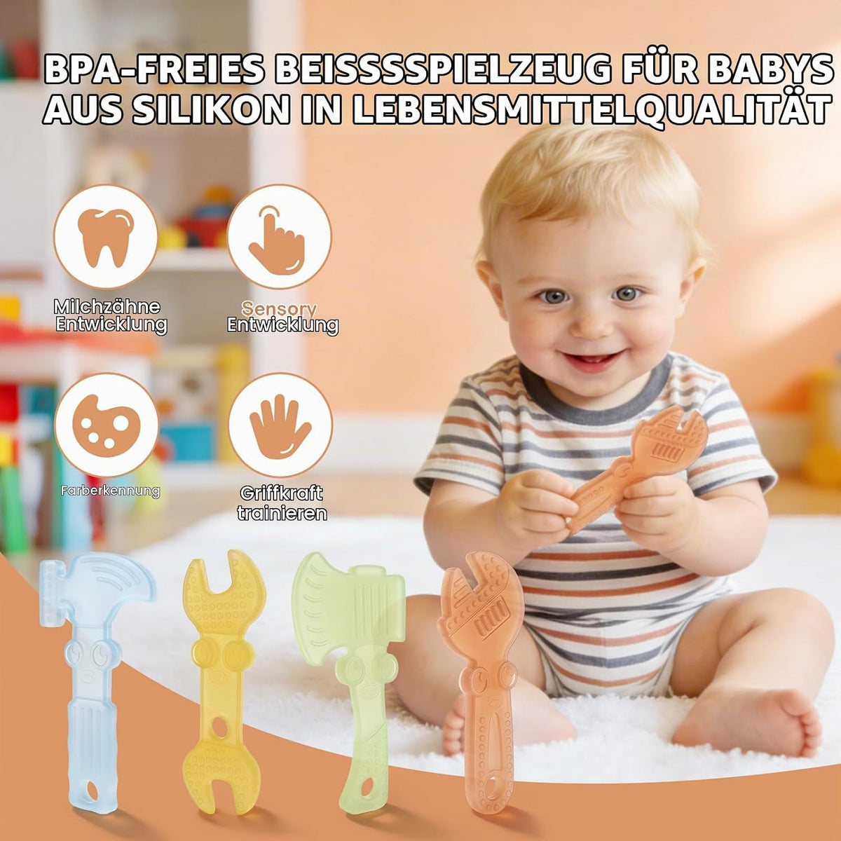 TYRY.HU Beißringe Baby Durchsichtiges Spielzeug Werkzeug Aus Lebensmittelechtem Silikon,Zur Beruhigung Des Zahnfleischs,Leicht Zu Greifen,Bpa-Frei Geschenk Für Babys 0 3 6 12 Monate 4Er