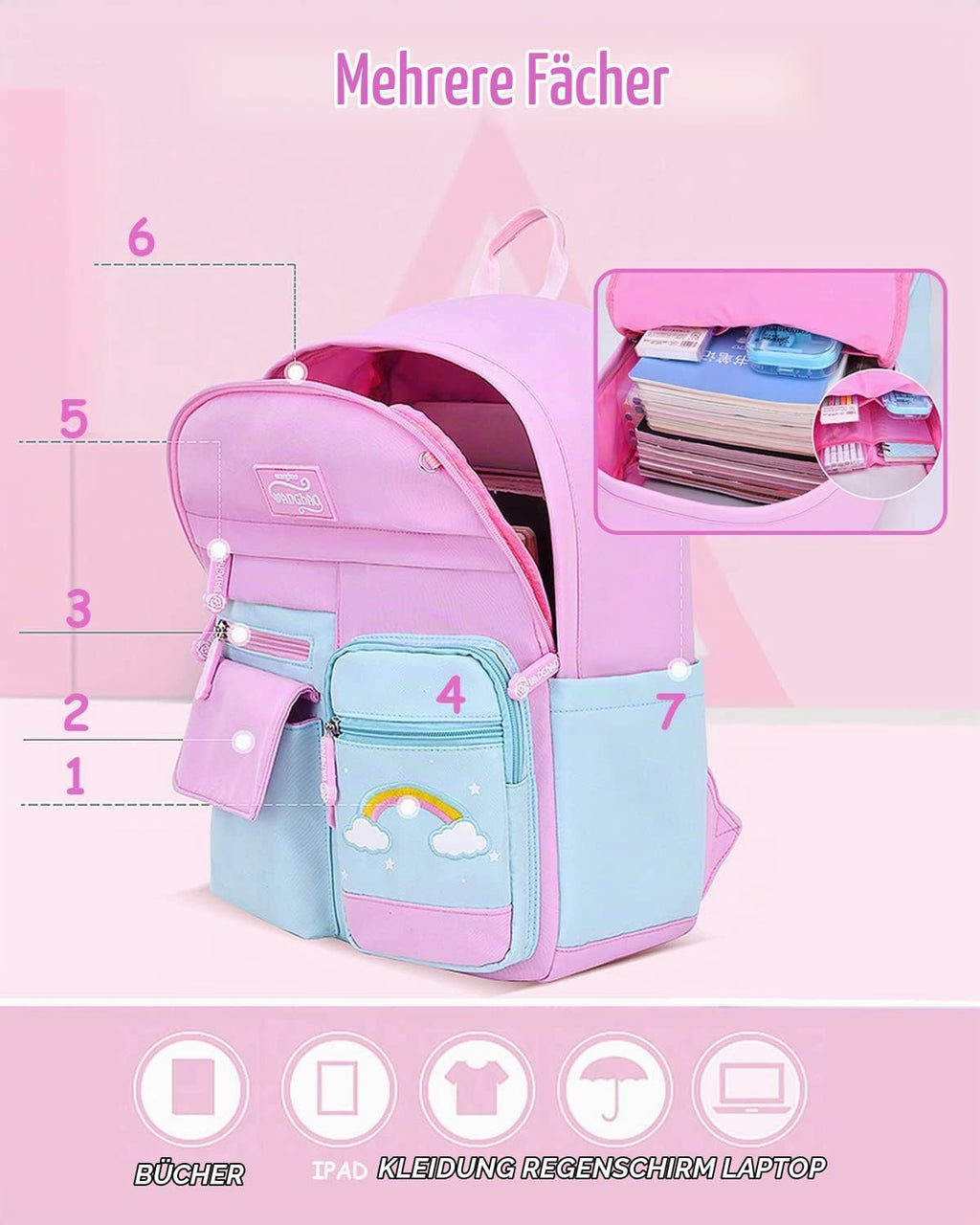Amythe Kinderrucksack Mädchen,Rucksack Kindergarten,Schulranzen Mädchen 1-3. Klasse, Leichte Und Wasserdichte Nylon Schultasche Für Kinder, 30 X 12 X 41 Cm | Leichte Und Wasserdichte Nylon-Schultasche Für Kinder, Rucksack Für Den Kindergarten, 30 X 12 X 41 Cm