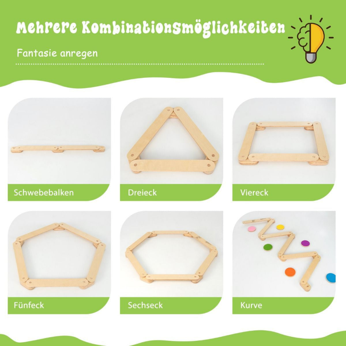 12 Tlg. Balancierbalken Mit 6 Balanciersteine Frei Kombinierbar Aus Holz Für Kinder